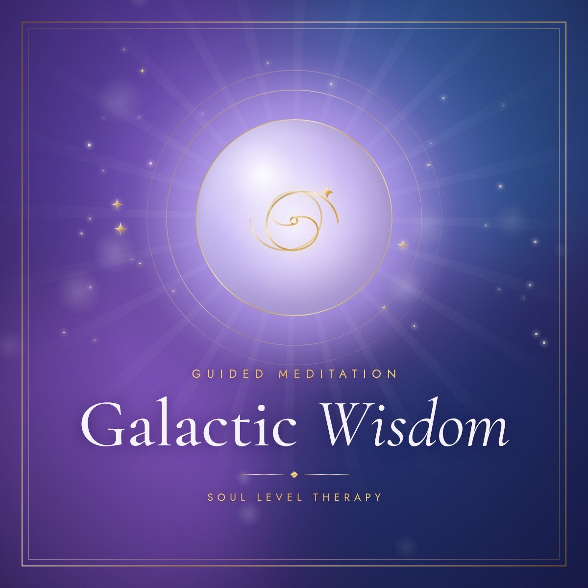 Galactic Wisdom free guided meditation cover – gold galaxy spiral on violet and indigo, Soul Level Therapy