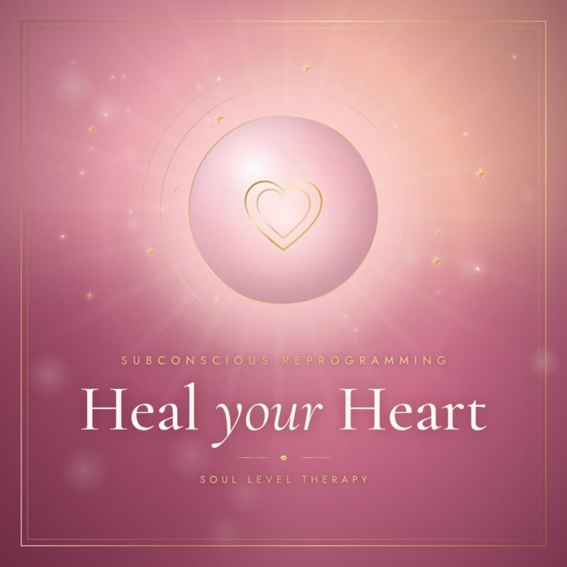 Heal Your Heart subconscious reprogramming meditation cover – gold heart on rose, Soul Level Therapy