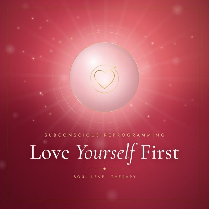 Love Yourself First self-love subconscious reprogramming meditation cover – gold heart on deep red, Soul Level Therapy