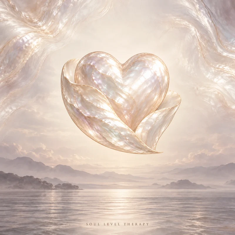 Love Yourself First Subconscious Reprogramming Meditation by Soul Level Therapy – pearl heart and leaf artwork over a calm sea