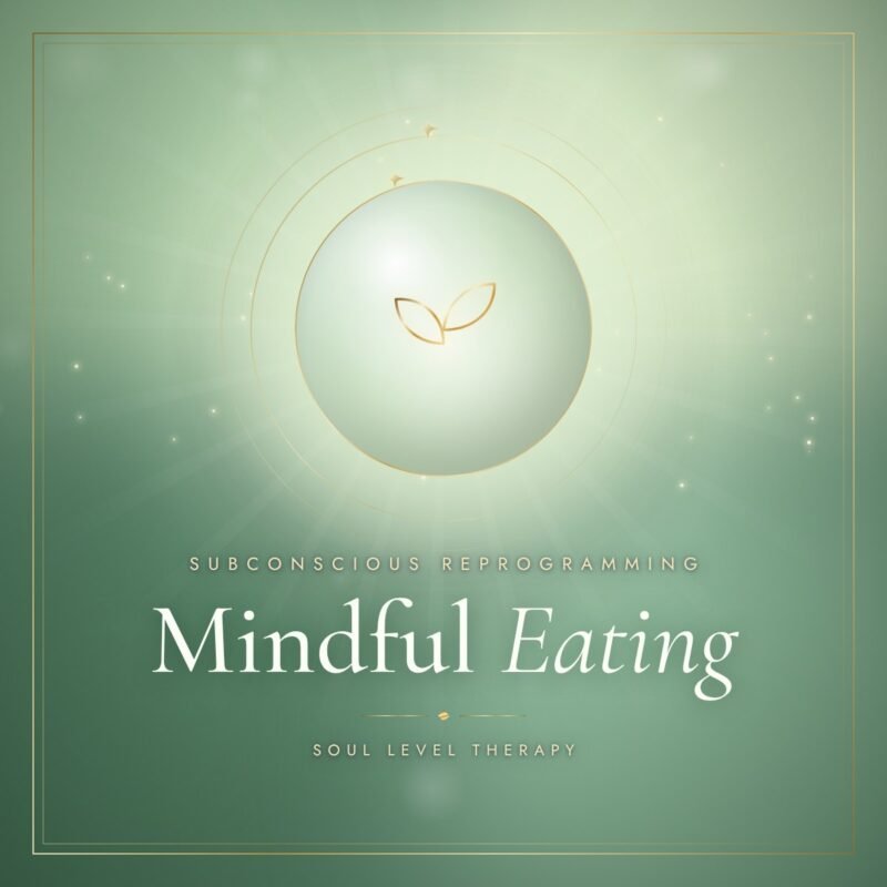 Mindful Eating free subconscious reprogramming meditation cover – gold sprout on sage green, Soul Level Therapy