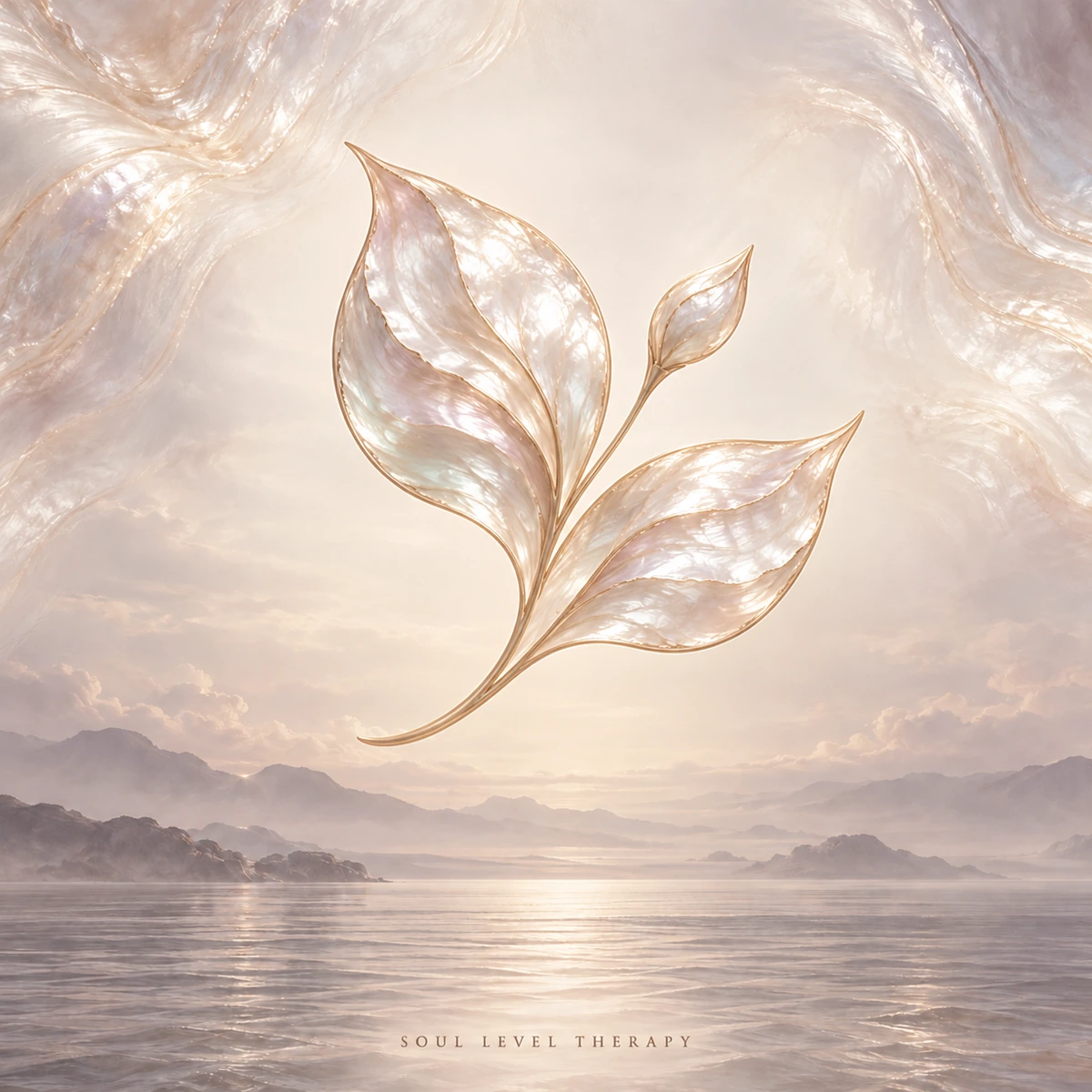 Mindful Eating Subconscious Reprogramming Meditation by Soul Level Therapy – pearl leaf sprig artwork over a calm sea